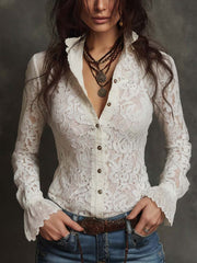 Retro Lace Ruffled Cuff Long-sleeved Blouse