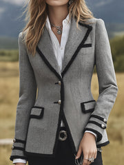 Elegant Herringbone Tweed Tailored Blazer With Contrast Trim