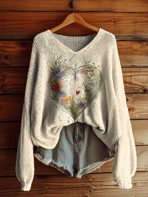 Women's Floral Heart Pattern Art Print Casual Pullover Sweater