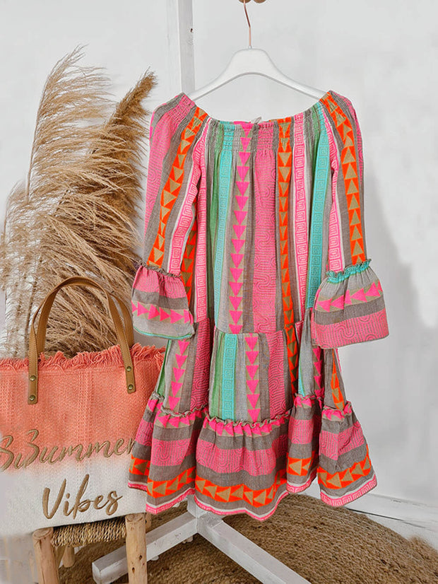 Linen Blend Ethnic Print Off Shoulder Loose Mini Dress