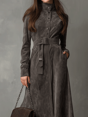 High Neck Belted Suede Midi Dress