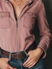 Retro Chest Pockets Dusty Rose Pink Western Zip-Up Cotton Shirt