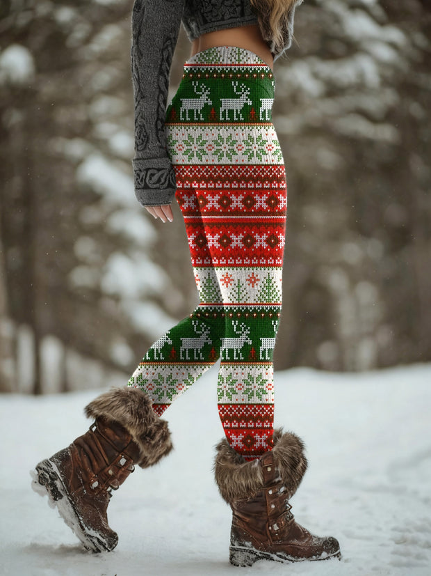Christmas Pattern Patchwork Art Print Knit Leggings