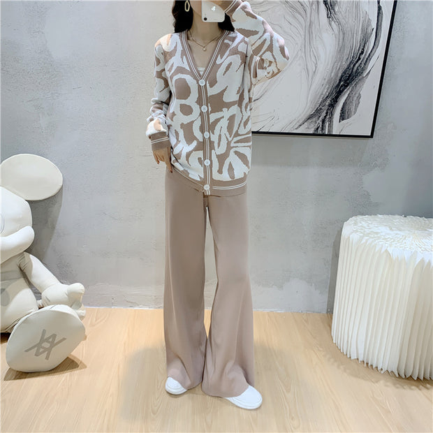 Leopard print knitted cardigan sweater wide-leg pants two-piece set