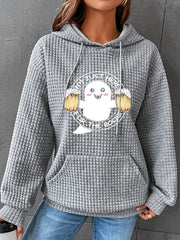 Women's Just Here for the Boos Ghost Halloween Print Waffle Hooded Sweatshirt