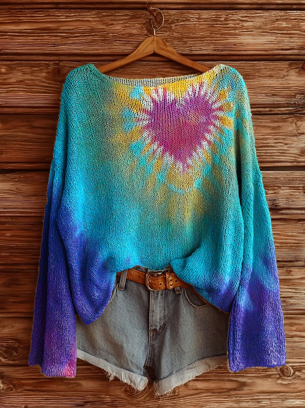 Women's Heart Tie-Dye Art Pattern Print Casual Pullover Sweater
