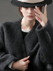 V-Neck Wool Coat for Women – Double-Faced Cashmere Blend Brushed Short Jacket, Elegant Autumn Winter Outerwear