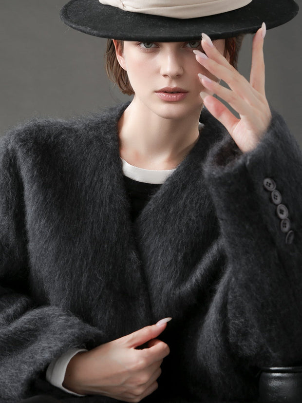 V-Neck Wool Coat for Women – Double-Faced Cashmere Blend Brushed Short Jacket, Elegant Autumn Winter Outerwear