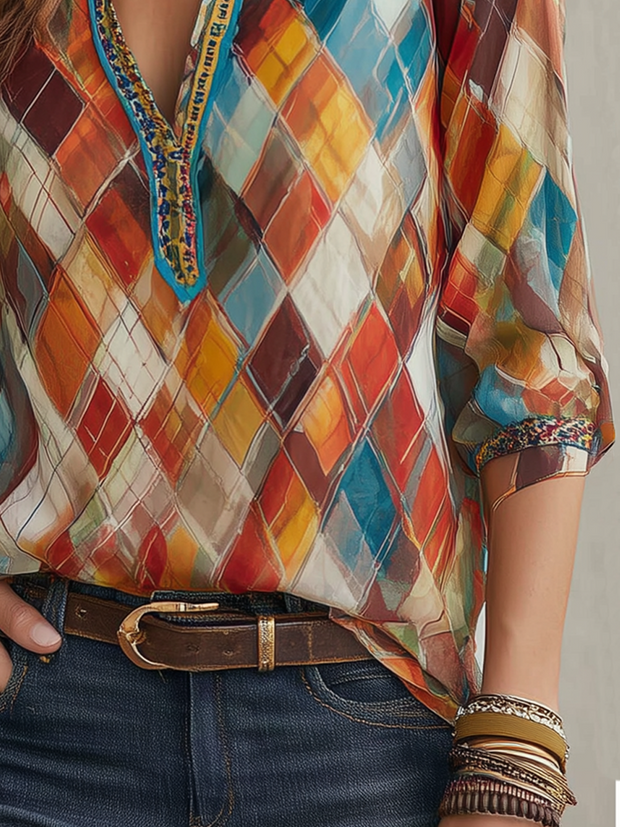 Retro Henley Collar Colorful Diamond Long Sleeve Blouse