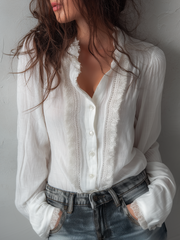 Vintage Lace Trim Long Sleeve Cotton Blouse