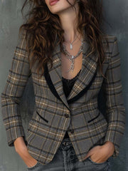 Wool-Blend Plaid Blazer With Velvet Lapel – Camel Gray Check