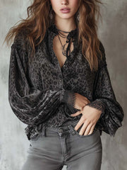 Smoky Gray Bohemian Romantic Velvet Leopard Print Shirt