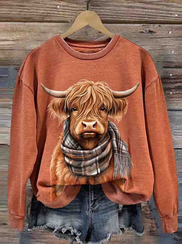 Women's Highland Cow Print Round Neck Sweatshirt