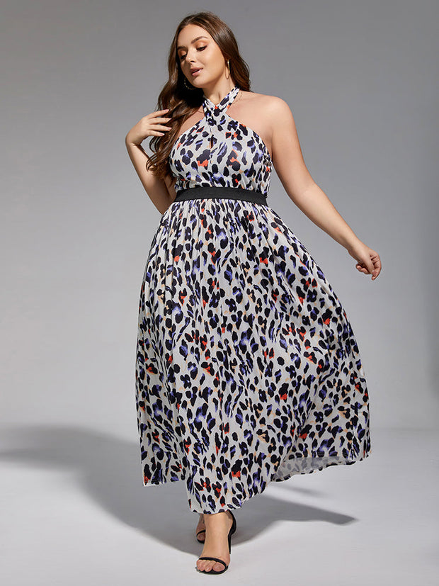 Plus Leopard Print Halter Elastic Waist Maxi Dress