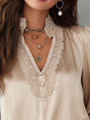 Elegant Vintage Champagne Satin Lace Trim Blouse