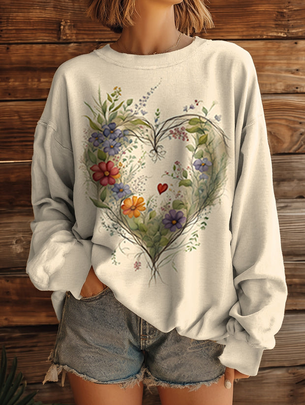 Women's Floral Heart Pattern Art Print Casual Crew Neck Sweatshirt
