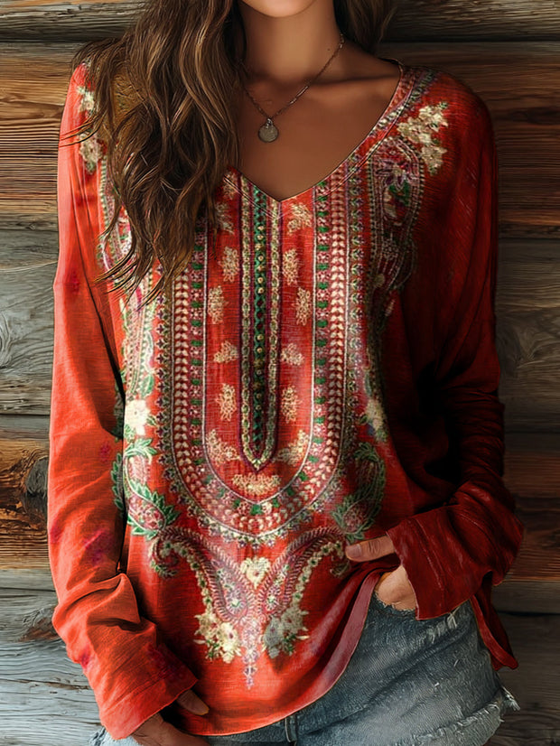 Women's Bohemian Ethnic Floral Art Print Casual V-neck Long Sleeve T-shirt