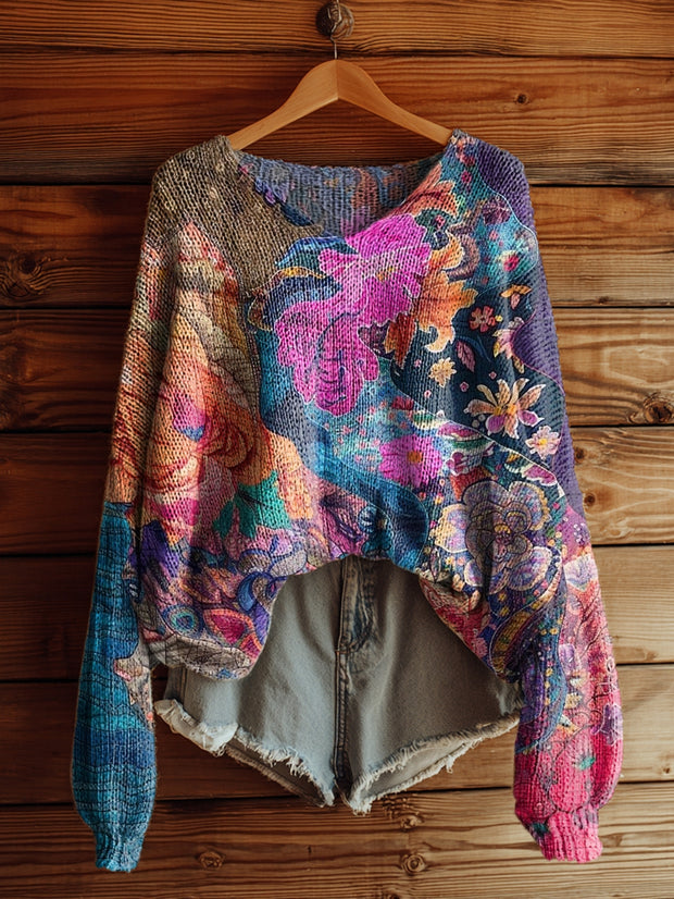 Women's Colorful Folk Floral Art Pattern Print Casual V Neck Pullover Sweater