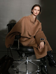 Oversized Camel Hair Sweatshirt Coat for Women – Stand Collar Double-Faced Wool Jacket with Minimalist Luxe Style