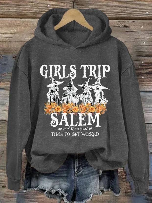 Women's Girl's Trip Salem Time To Get Wicked Halloween Print Hoodie