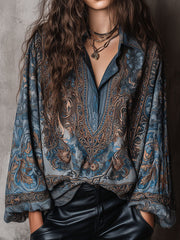 Retro Blue Bronze Baroque Paisley Print Loose Blouse