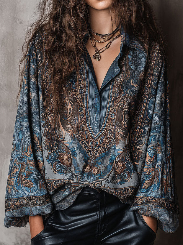 Retro Blue Bronze Baroque Paisley Print Loose Blouse