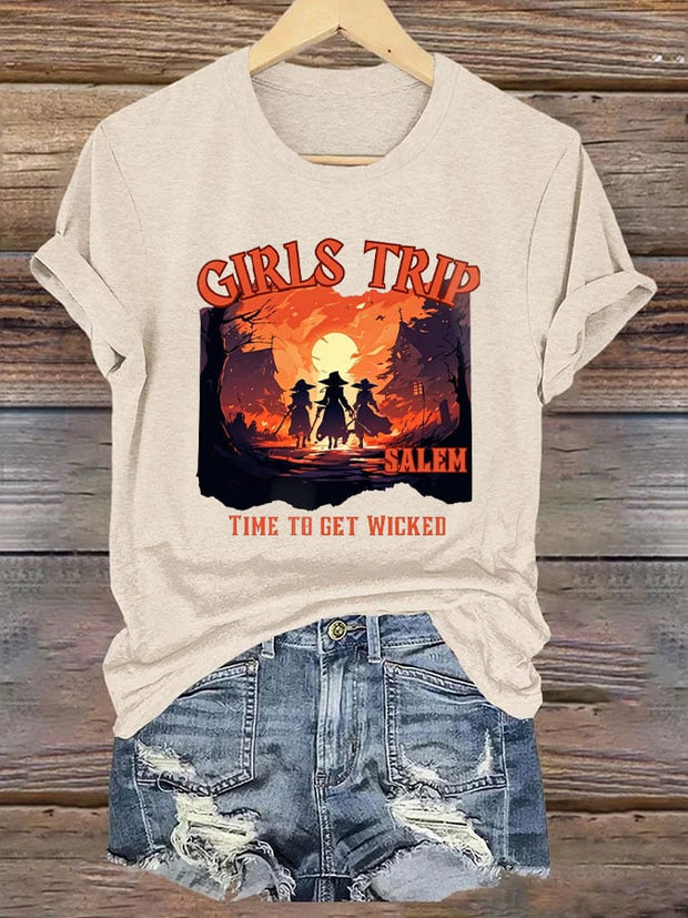 Women's Girl's Trip Salem Time To Get Wicked Halloween Printed T-Shirt