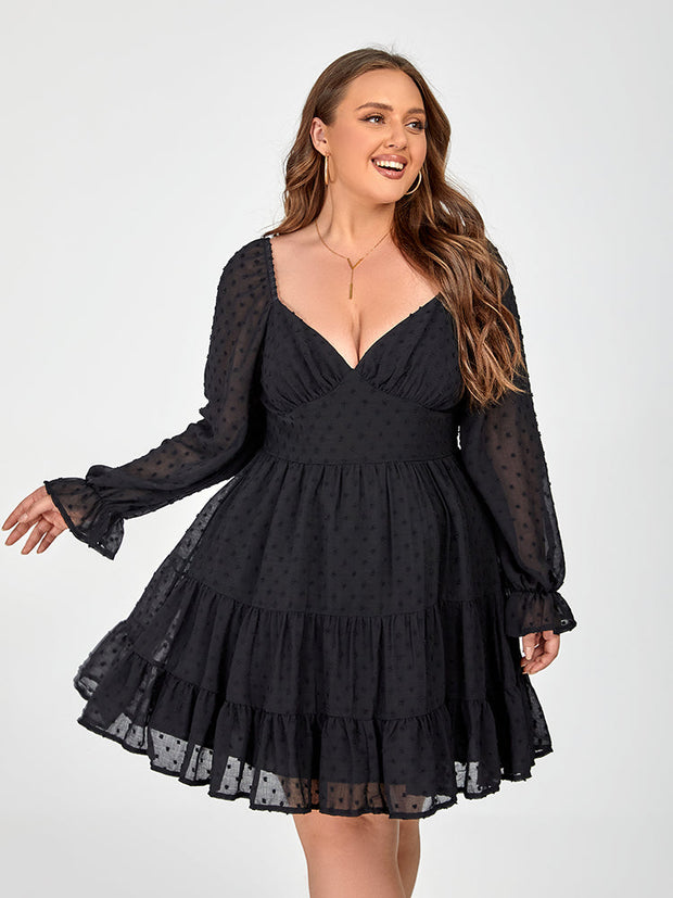 Plus Black Polka Dot Mesh Patchwork Flounce Sleeve Dress