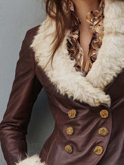Vintage Brown Eco Leather Jacket With Faux Fur Collar & Gold Buttons