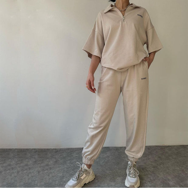 Loose Short-sleeved Top and Trouser Suit