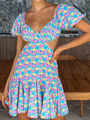 Puff sleeve printing dress