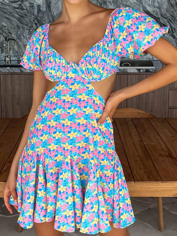 Puff sleeve printing dress