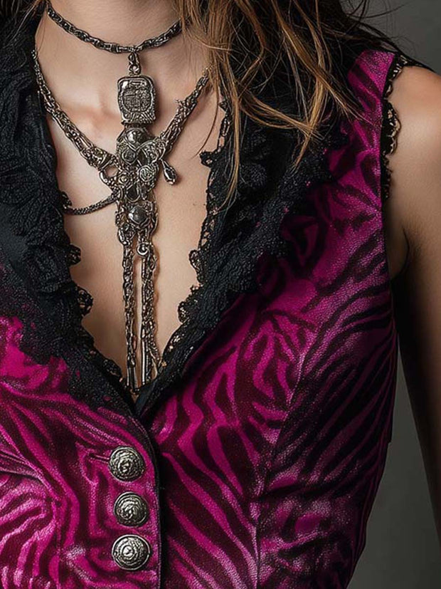 Vintage Magenta Velvet Animal Print Lace Collar Metal Button Vest