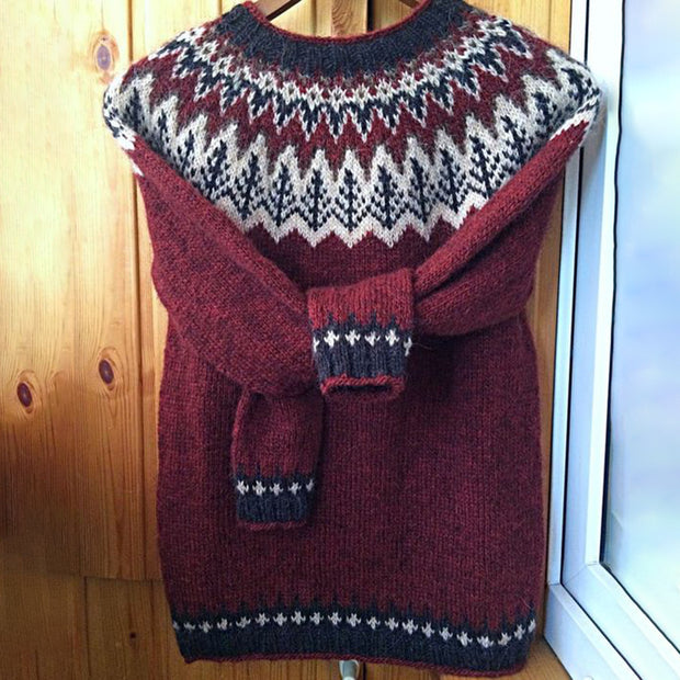 Unisex Vintage Icelandic Rose Red Knit Jacquard Warmth Crew Neck Sweater