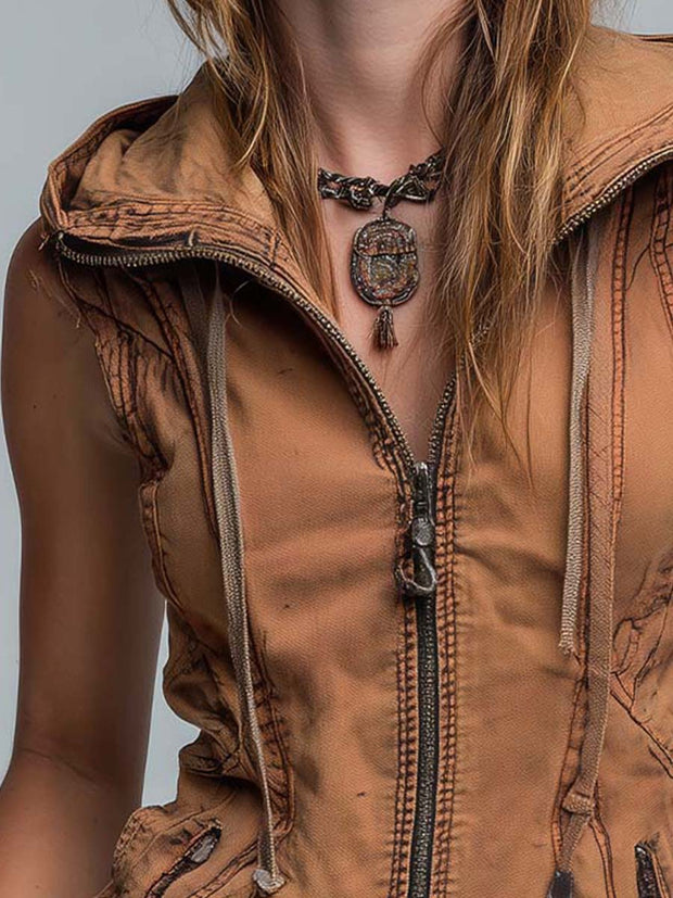 Vintage Washed Utility Style Hoodie Vest