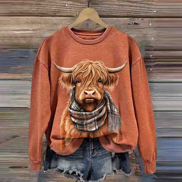 Women's Highland Cow Print Round Neck Sweatshirt