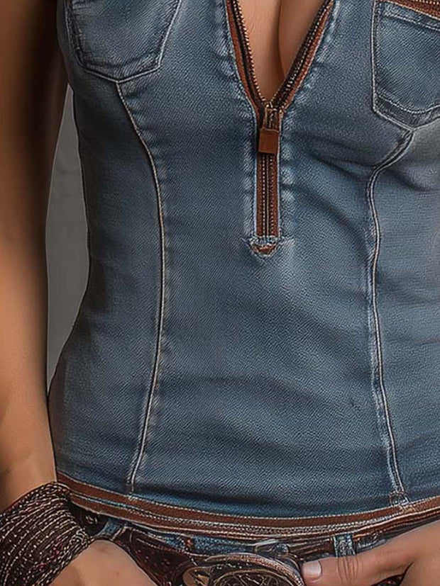 Front Zipper With Vintage Stitching Skinny Denim Top