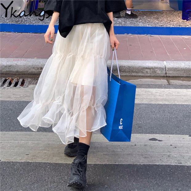 Ruffle Mesh Tulle Skirt Women'S 2021 Spring New Simplicity Long Tutu Skirt High Waist Slim Temperament Midi Korean Style