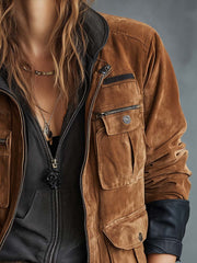 Vintage Suede Utility Jacket With Leather Trim