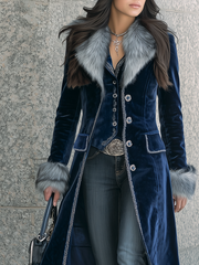 Vintage Detachable Fur Collar Polyester Velvet Jacket