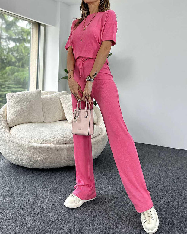 Round neck solid color elastic waist trousers casual two-piece set