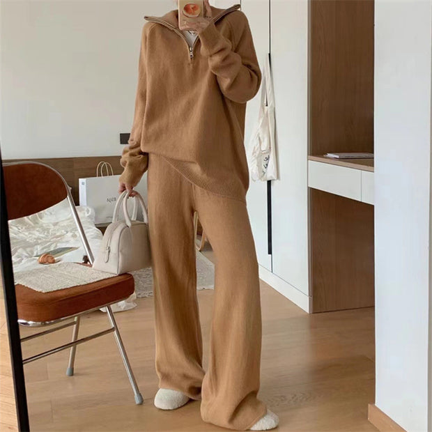 Casual Lapel  Sweater and Wide-leg Pants Two-piece Suit