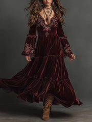 Velvet Bohemian Embroidered Maxi Dress