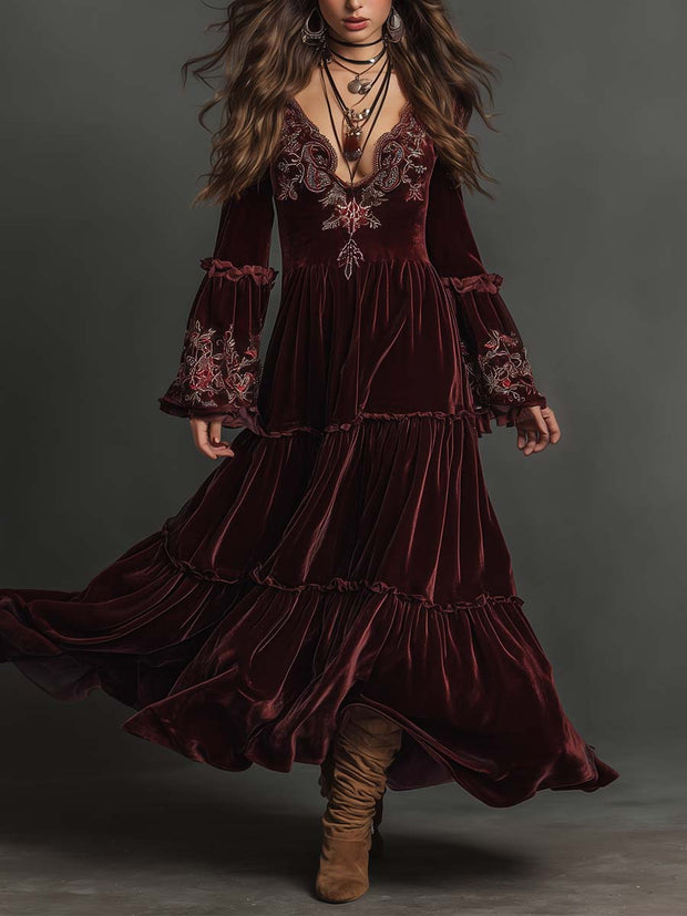 Velvet Bohemian Embroidered Maxi Dress