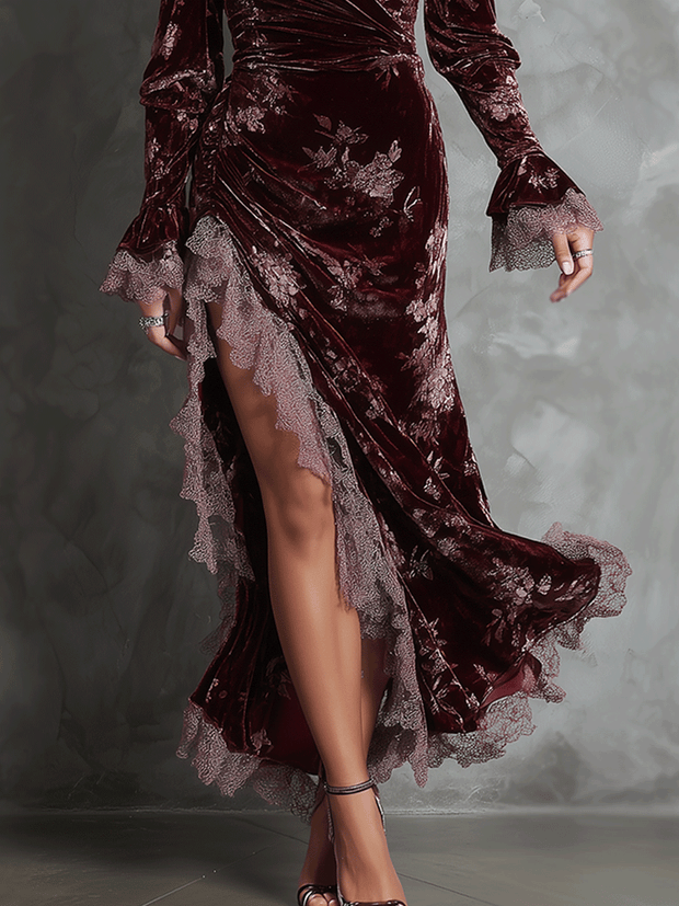 Elegant Burgundy Velvet Wrap Lace Trim Slit Maxi Dress