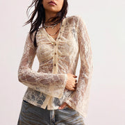 V-neck long-sleeved lace see-through Top