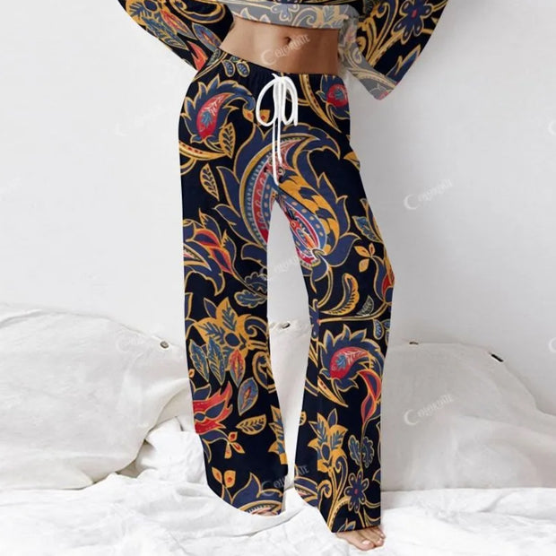 Colordate Women's Cashew Nut Pattern Print Long Sleeve Cotton Homewear Set