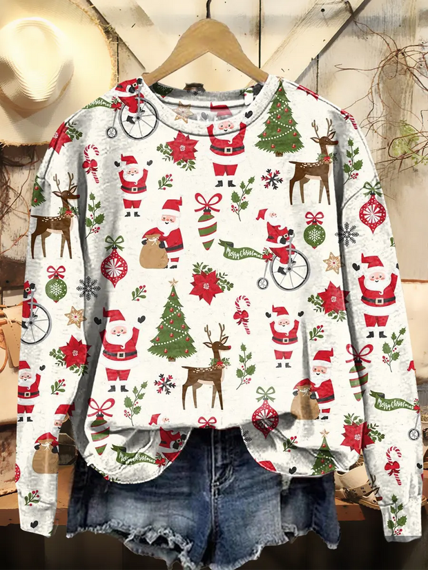 Women's Retro Cute Christmas Art Print Casual Round Neck Pullover Sweatshirt