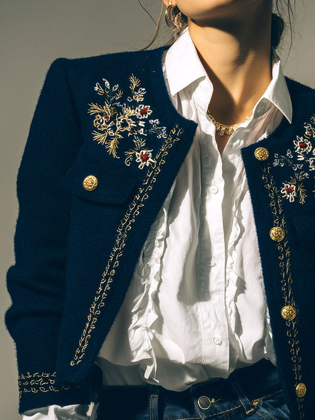 Vintage Navy Embroidered Cropped Military Jacket