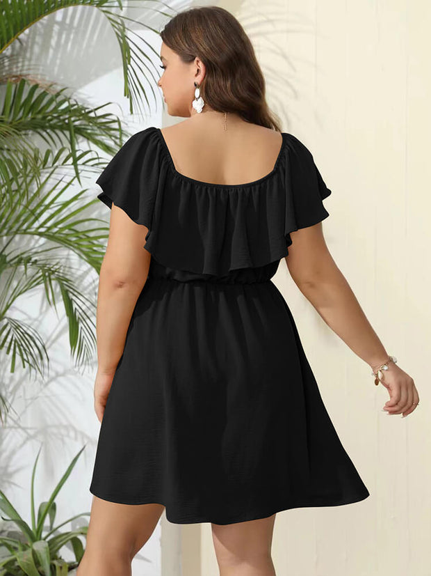 Plus Plain Off Shoulder Ruffle Elastic Waist Dress